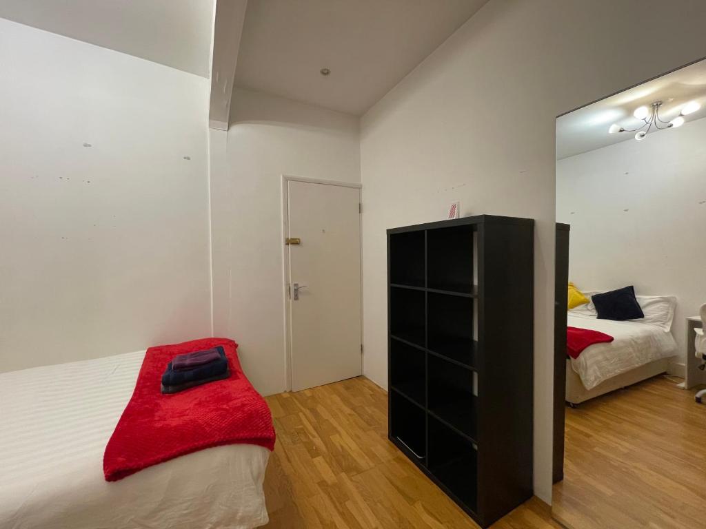 a bedroom with a bed and a mirror at London Cozy & Spacious Room 2 mins away from Train Station in London