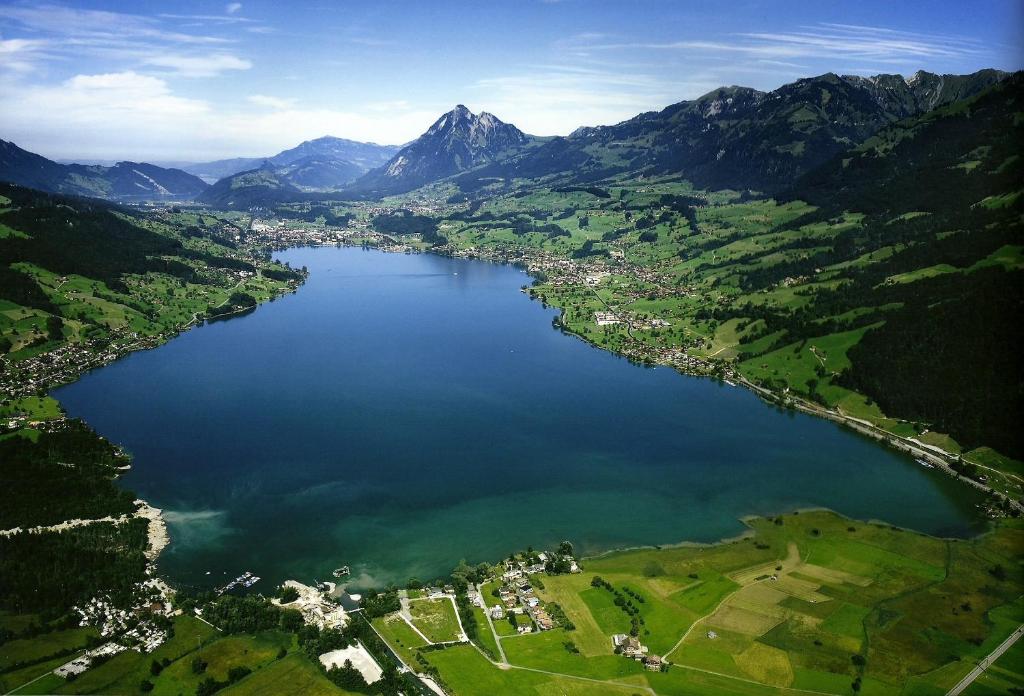 an aerial view of a lake in the mountains at Superior Apartment Sarnen in Sarnen