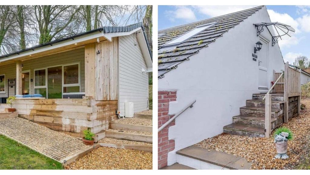 two pictures of a house with a porch and stairs at THE BRACE, 2 Luxury Properties next to each other, 2 Hot Tubs, up to 10 guests in Dorchester