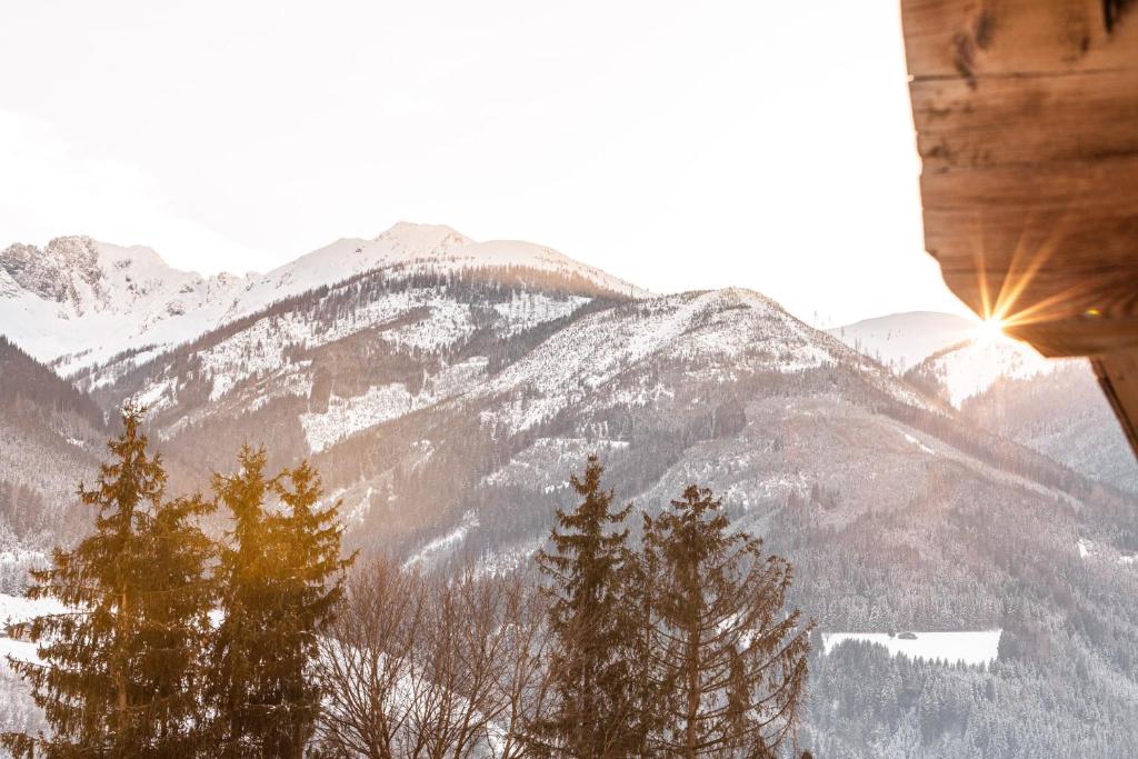 a view of a snow covered mountain range with trees at Alpine View Apartments in Niedernsill