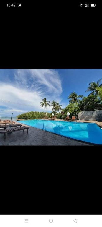 a picture of a blue swimming pool with palm trees at KOHMOOK THE SUN GREAT RESORT in Ko Mook