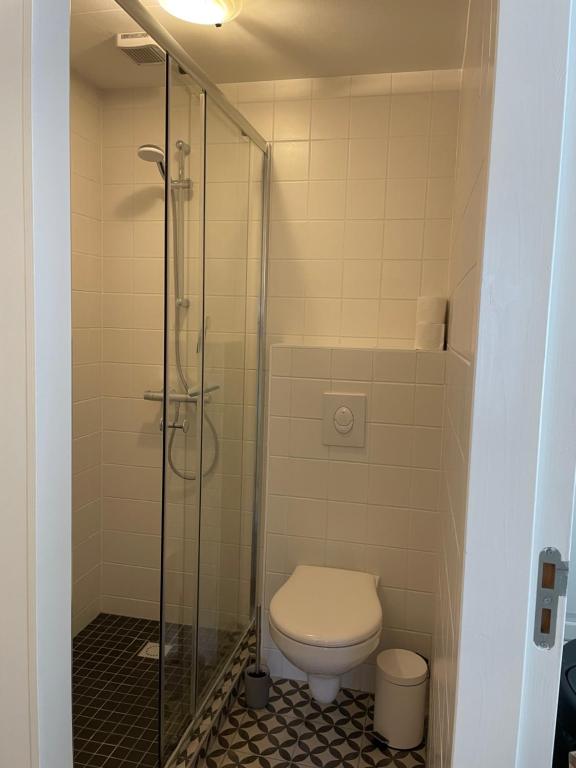 La salle de bains est pourvue de toilettes et d'une douche en verre. dans l'établissement Bella Gelria, à Wezep