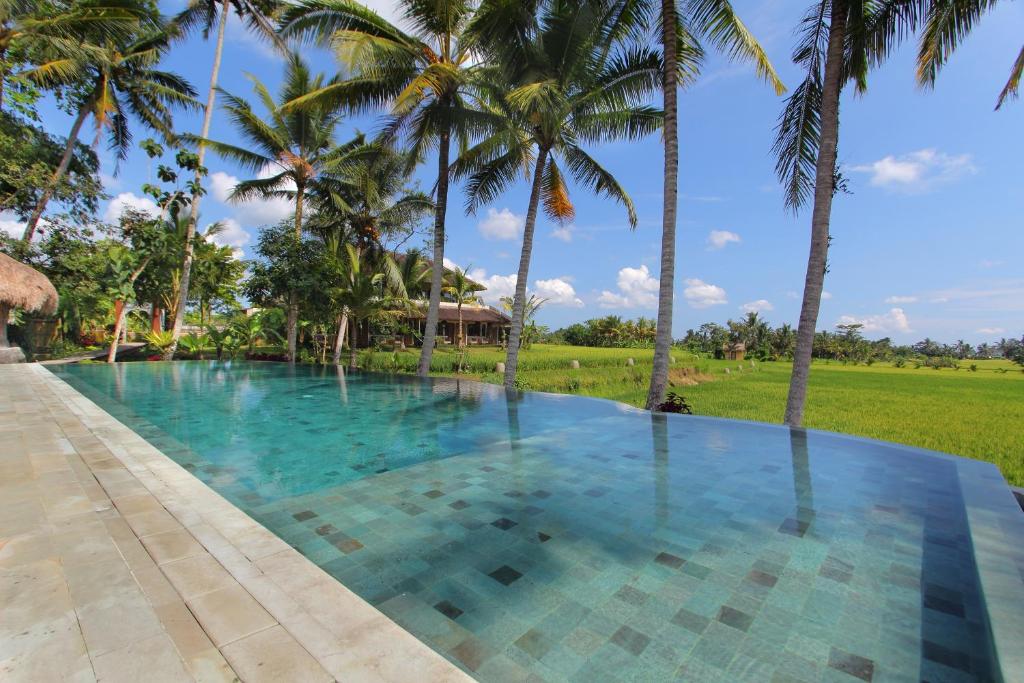 a swimming pool with palm trees in a resort at Mathis Retreat Ubud in Ubud