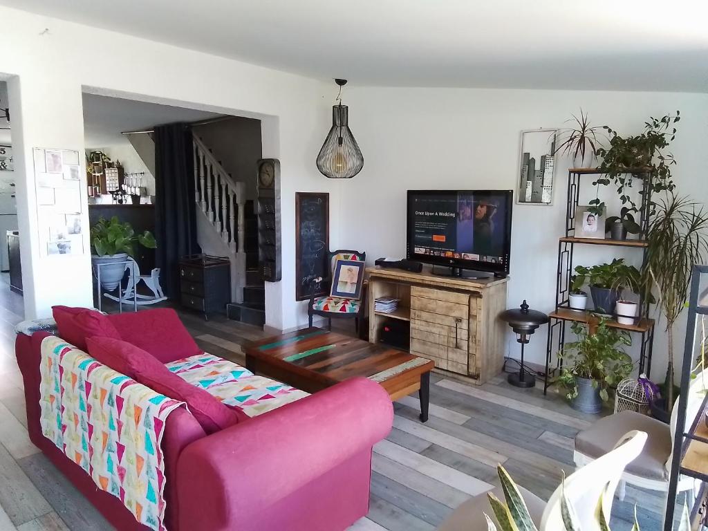 a living room with a pink couch and a tv at Maison à 300m plage a Valras Plage 2 chambres in Sérignan