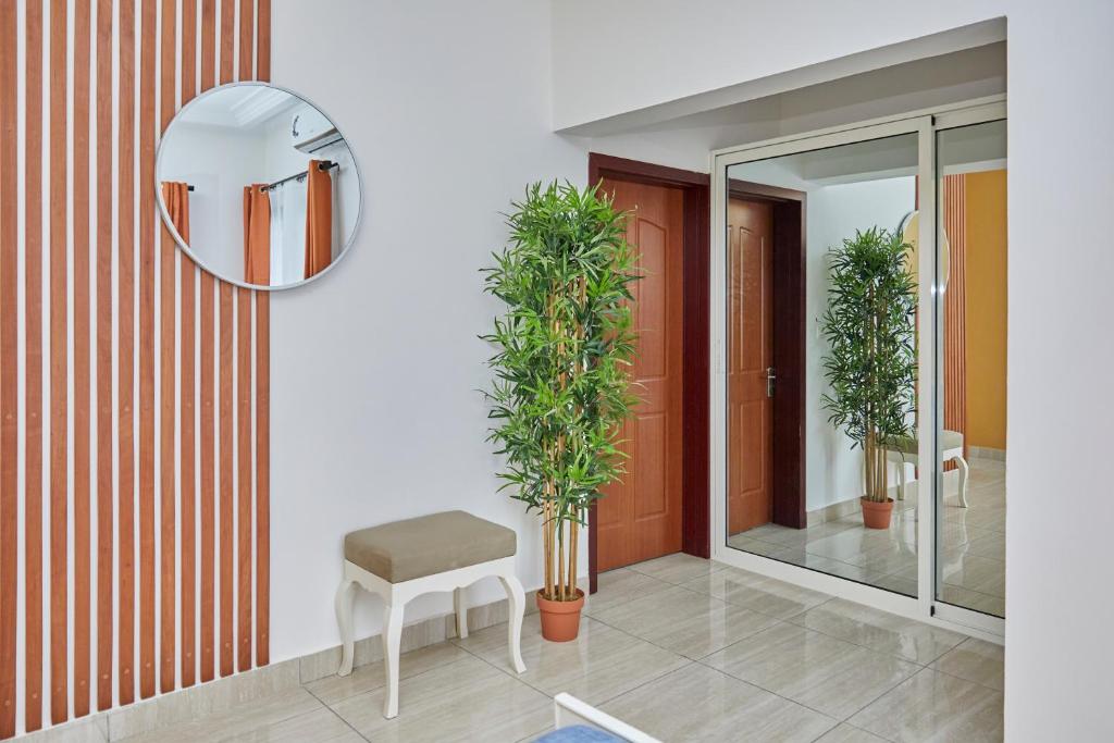 a hallway with a chair and a mirror and plants at Ravissant appartement 2ch à la plage in Pointe-Noire