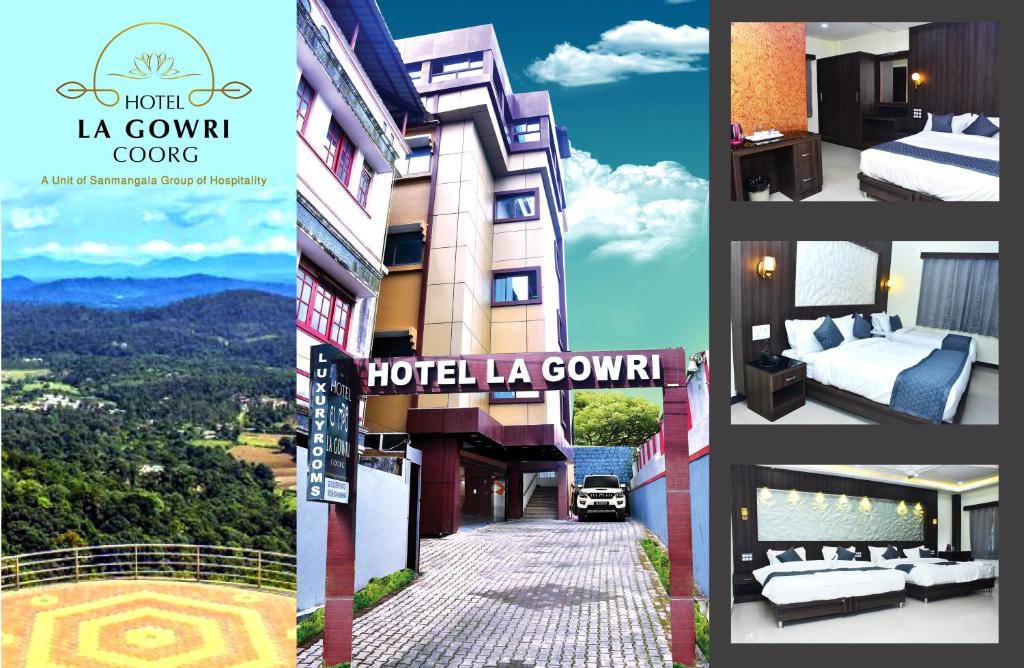 a collage of photos of a hotel at Hotel La Gowri, Coorg in Madikeri