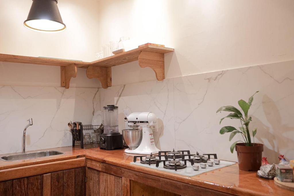una cucina con mixer seduta su un bancone di Apartamentos Prana a Itacaré