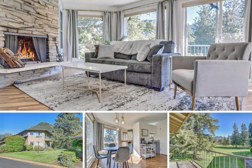 uma sala de estar com um sofá e uma lareira em SKI-Mount Hood Charm-Welches,Golf and SKI resort condo,W&D, WIFI,Near Woods,Hiking,Fishing em Mount Hood Village