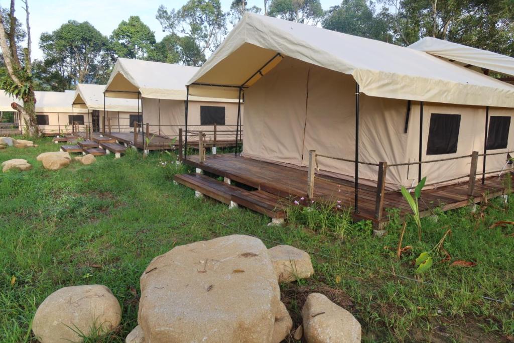 Canopy Villa Nuang Hill في بينتونغ: خيمة كبيرة في ميدان فيه بعض الصخور