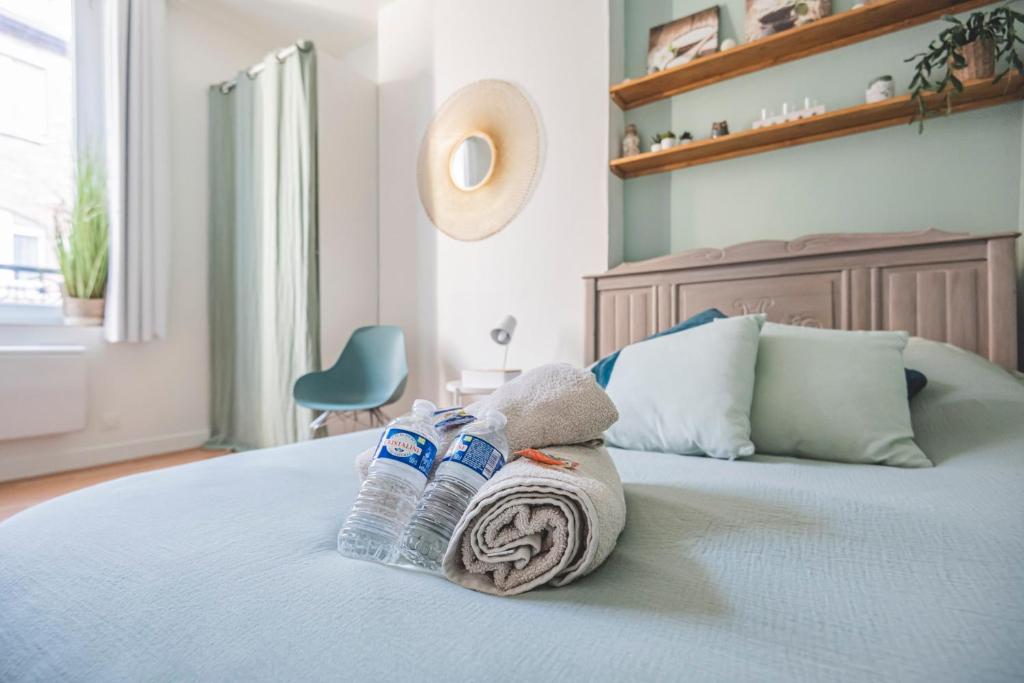 une paire de bouteilles d'eau assises au-dessus d'un lit dans l'établissement Joli studio Le Cocon des Arènes, Roosevelt Arèna, à Reims