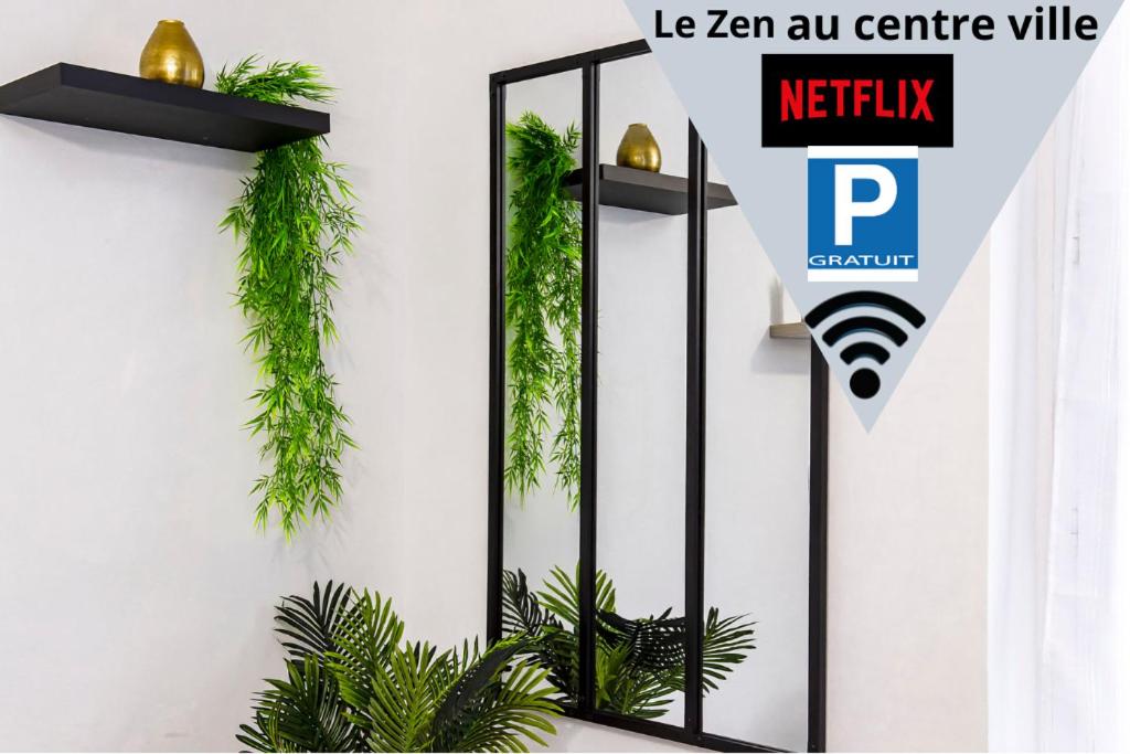 a wall with a mirror and plants on a wall at LD-Location Hôtel in Montluçon