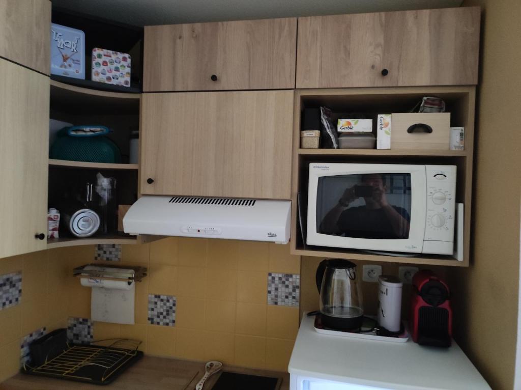 a person taking a picture of a microwave in a kitchen at T3 cosy au Jardin du Ramel in Luchon