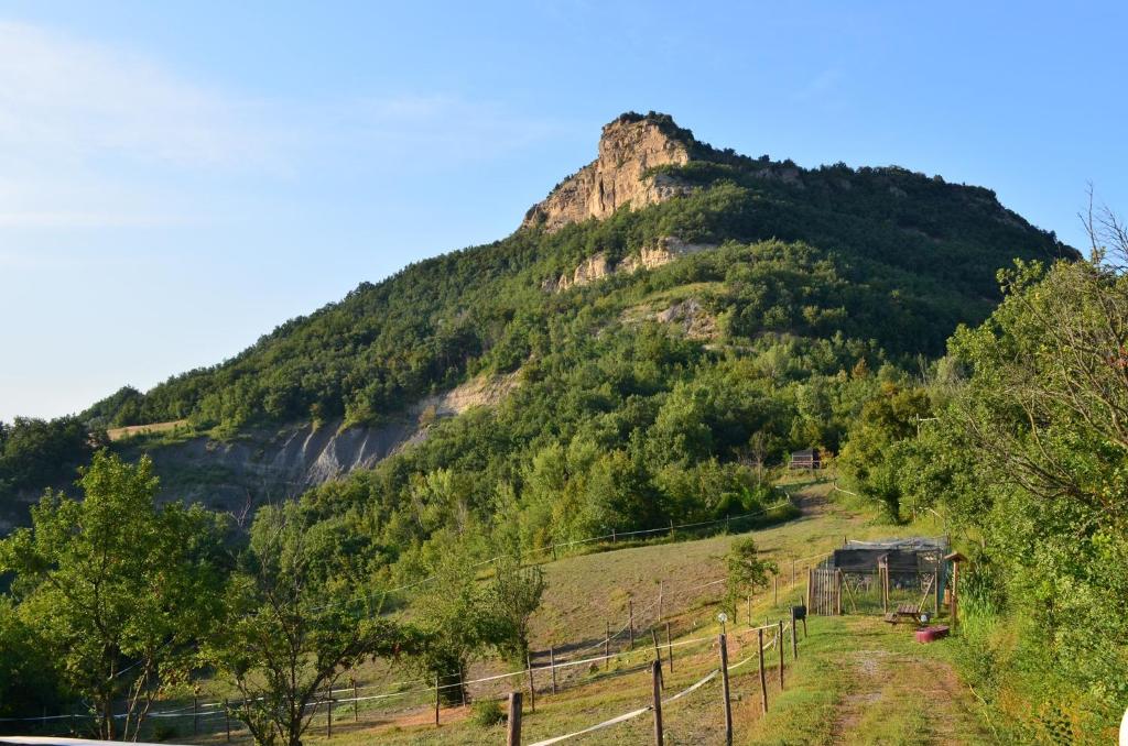 una montaña con una valla delante de ella en Agricampeggio Cà di Mazza, en Monzuno