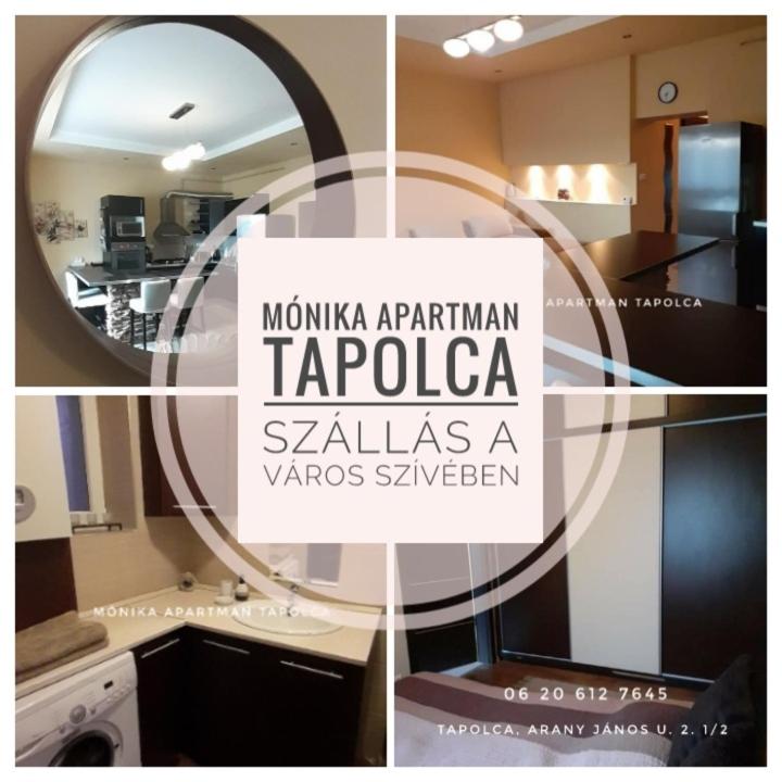 a collage of photos of a kitchen with a mirror at Mónika Apartman (Tapolca) in Tapolca