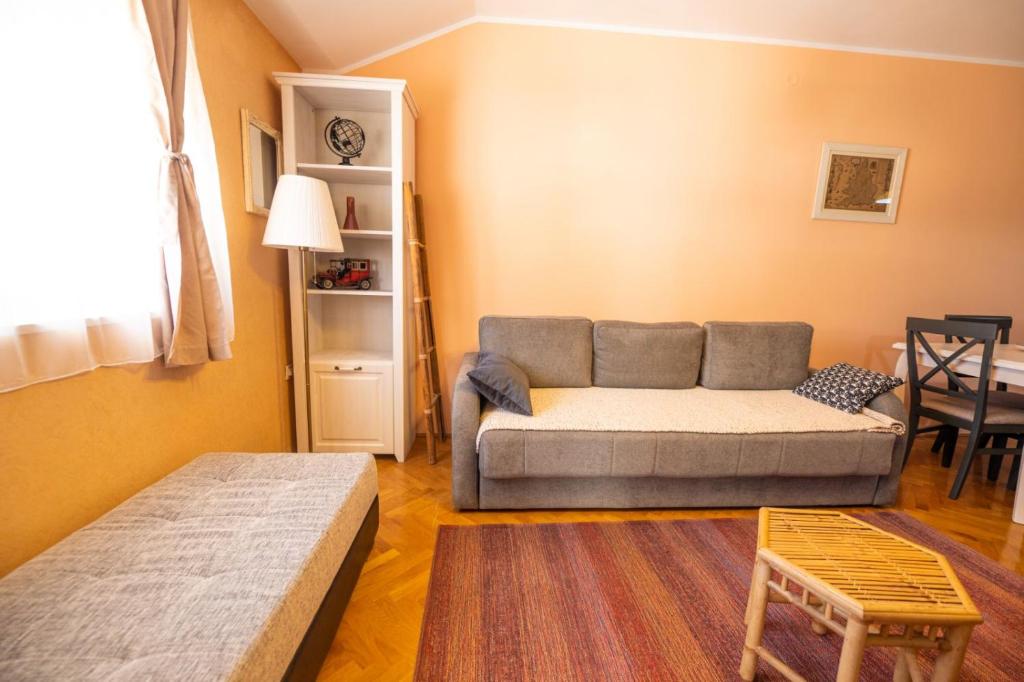 ein Wohnzimmer mit einem Sofa und einem Tisch in der Unterkunft Norandvik Apartment in Podgorica