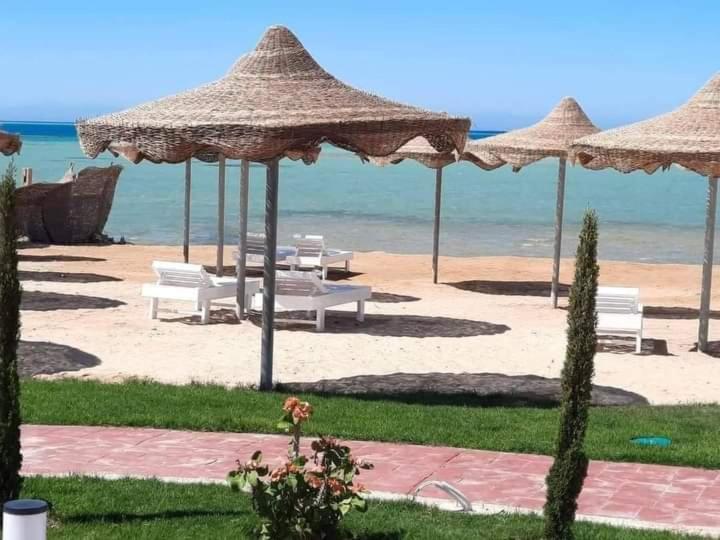 uma praia com cadeiras e guarda-sóis e o oceano em كذا بلانكا بيتش 220 em Hurghada