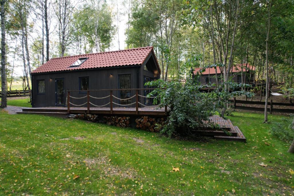 a black cabin in the middle of a yard at Hytte Narie 2 in Bogaczewo