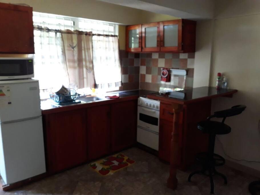 a small kitchen with wooden cabinets and a white refrigerator at Home Style Apartment J in Roseau
