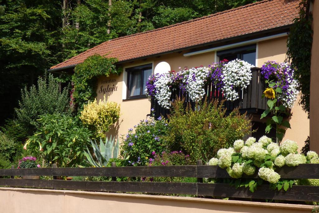 un jardin avec des fleurs en face d'une maison dans l'établissement Ferienhaus Sylvia beim Waldrand, à Gößweinstein