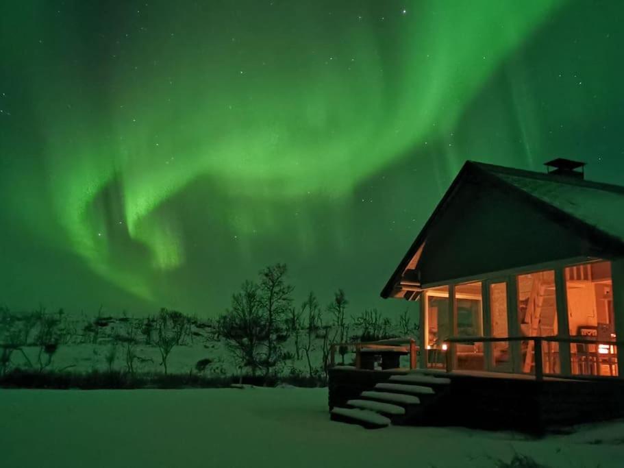Eine Hütte mit der Aurora im Himmel in der Unterkunft Kieppi, open your door and enjoy the wilderness in Utsjoki