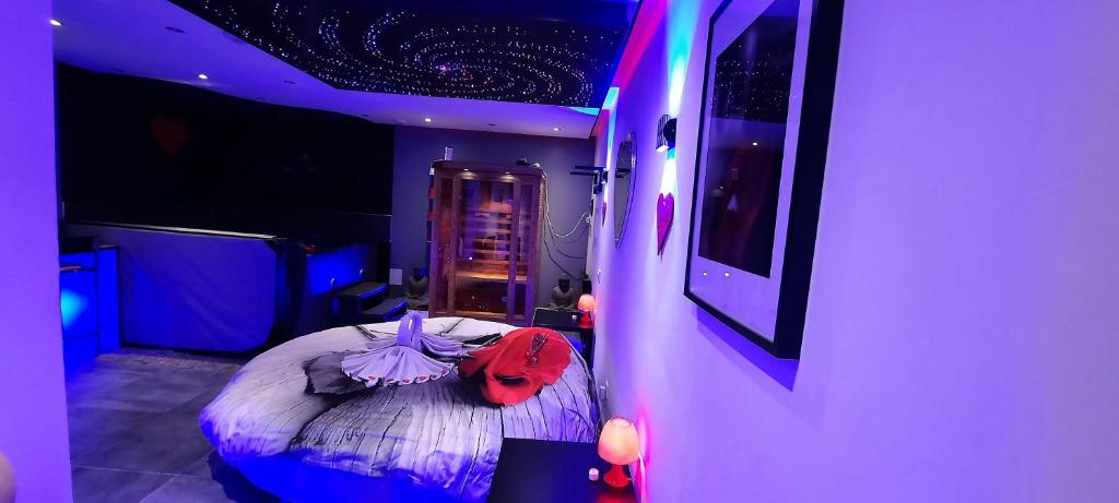 Un dormitorio con una cama con luces moradas. en Dydy's love en Lecelles