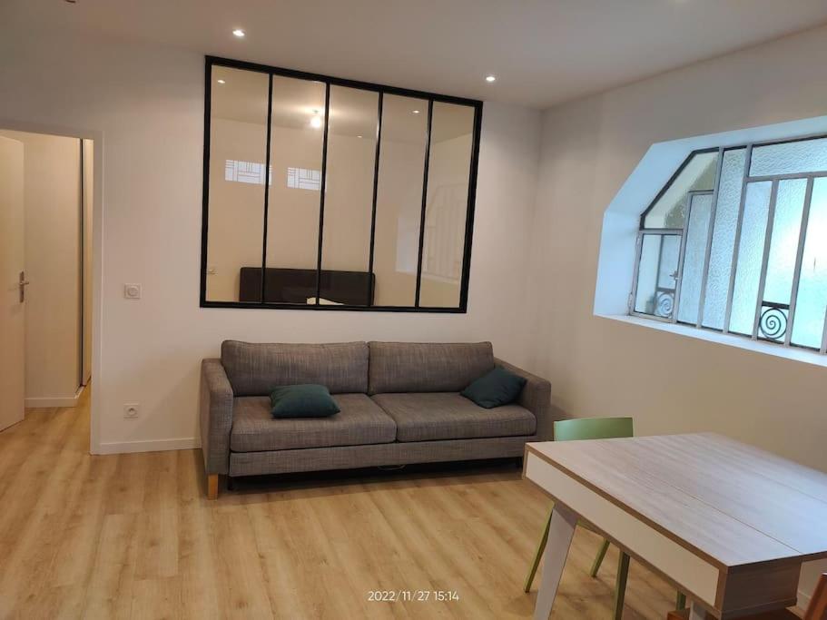een woonkamer met een bank en een tafel bij Logement complet à Villeurbanne in Villeurbanne