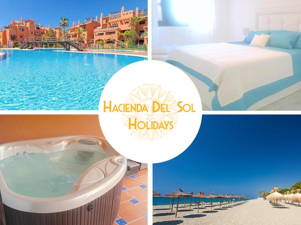 un collage de fotos de un hotel con piscina en Marbella Apartment - Beautiful & Spacious next to Marriott Playa Andaluza - PRIVATE HEATED JACUZZI, en Estepona