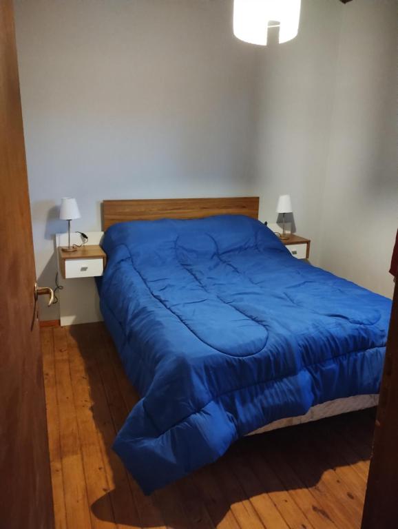 1 cama azul en una habitación con 2 mesitas de noche en Rayen hue en Esquel