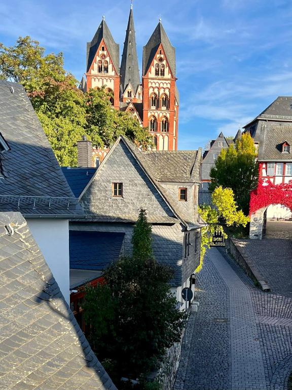 an aerial view of a city with a large building at Das Haus am Limburger Dom in Limburg an der Lahn