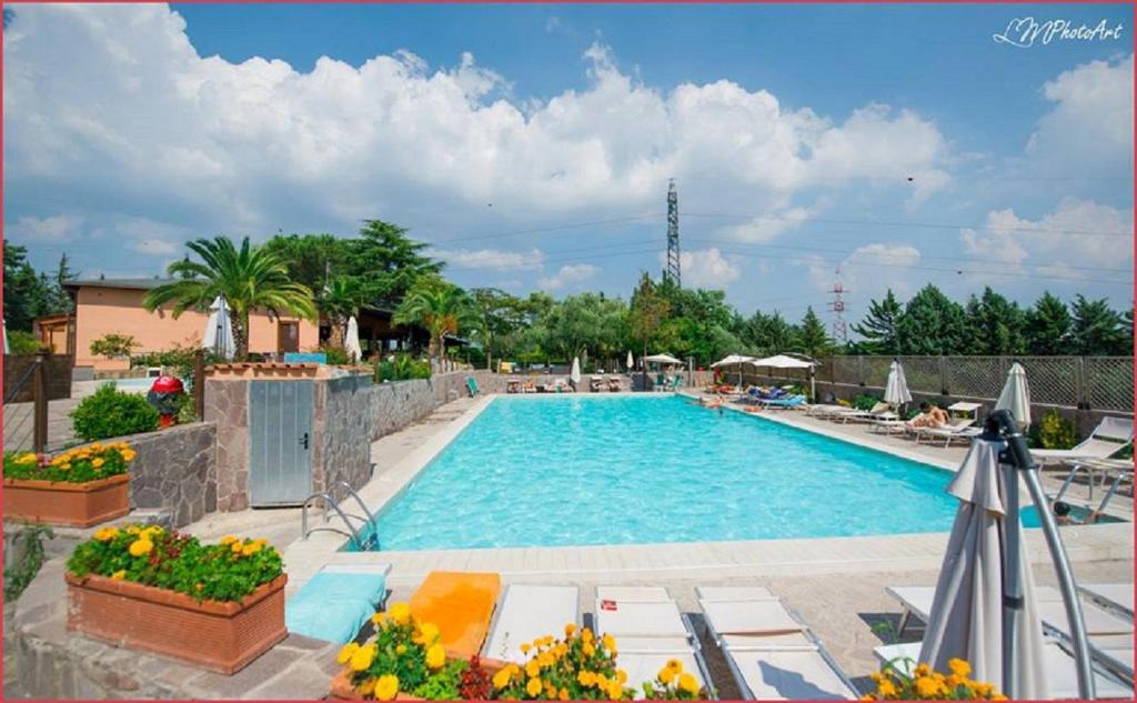 une grande piscine avec des chaises et des parasols dans l'établissement Happy Village, à La Giustiniana