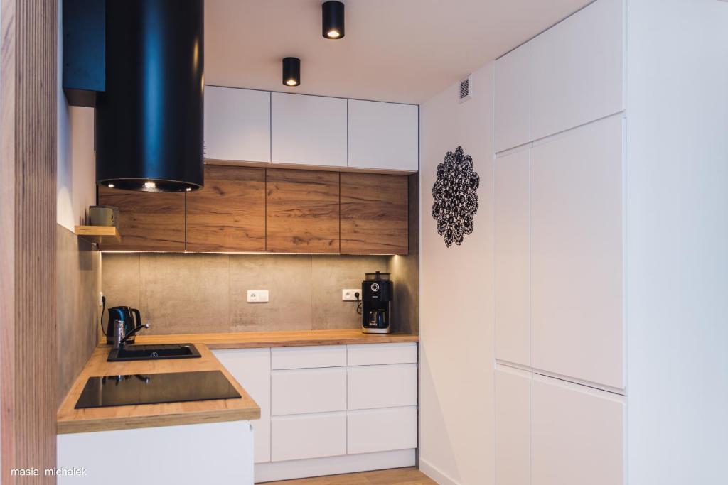 kuchnia z białymi szafkami i zlewem w obiekcie DAJ SOBIE CZAS Apartament w Istebnej