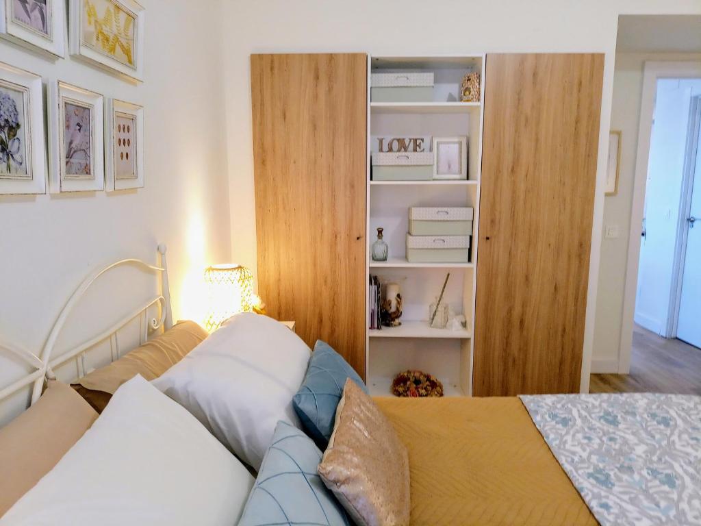 Espectacular Piso Centro de Oviedo في أوفِييذو: غرفة نوم مع سرير ورف كتاب