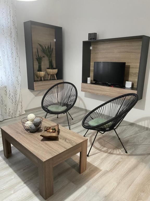 sala de estar con 2 sillas y mesa de centro en Bela Vila en Negotin