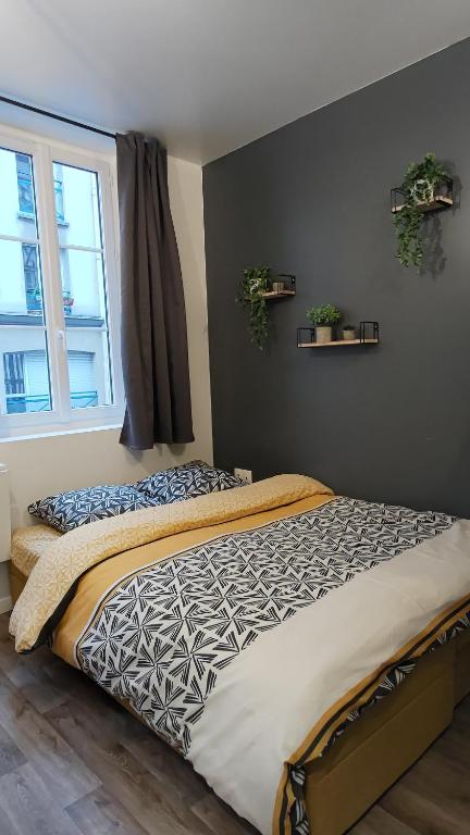 een bed in een slaapkamer met een raam bij Studio confortable au cœur de Rouen in Rouen