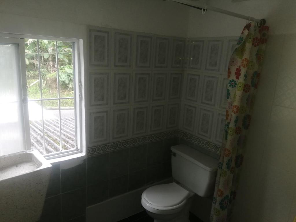 a bathroom with a toilet and a window at ApartaEstudio Jazmines Santa Rosa de Cabal in Santa Rosa de Cabal