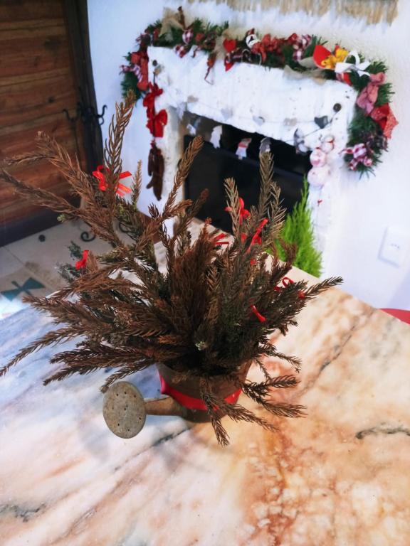 a christmas wreath on a table with a fireplace at Bangalo a beira do rio em plena natureza in Petrópolis