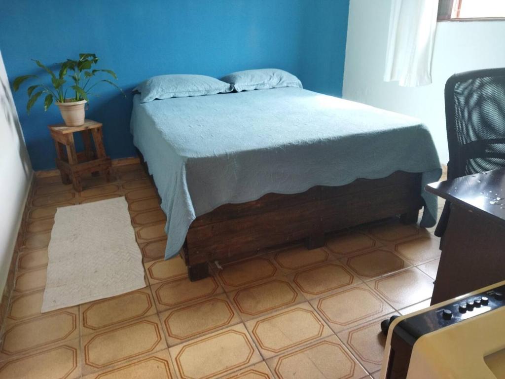 a bedroom with a bed in a blue room at Hostel e Pousada Casarão - Parnaíba in Parnaíba