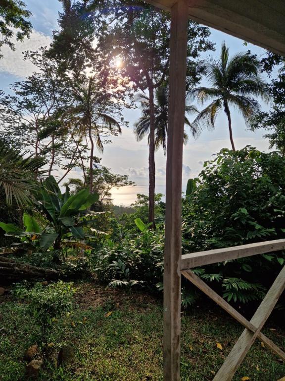 a view of the sunset from a porch with palm trees at World's View Wild Camping Salaszoi, Principe Island in Santo António