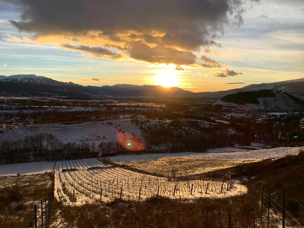 a vineyard in the snow with the sunset in the background at Domaine Agricole Cotzé &#47; Casa rural in Enveitg