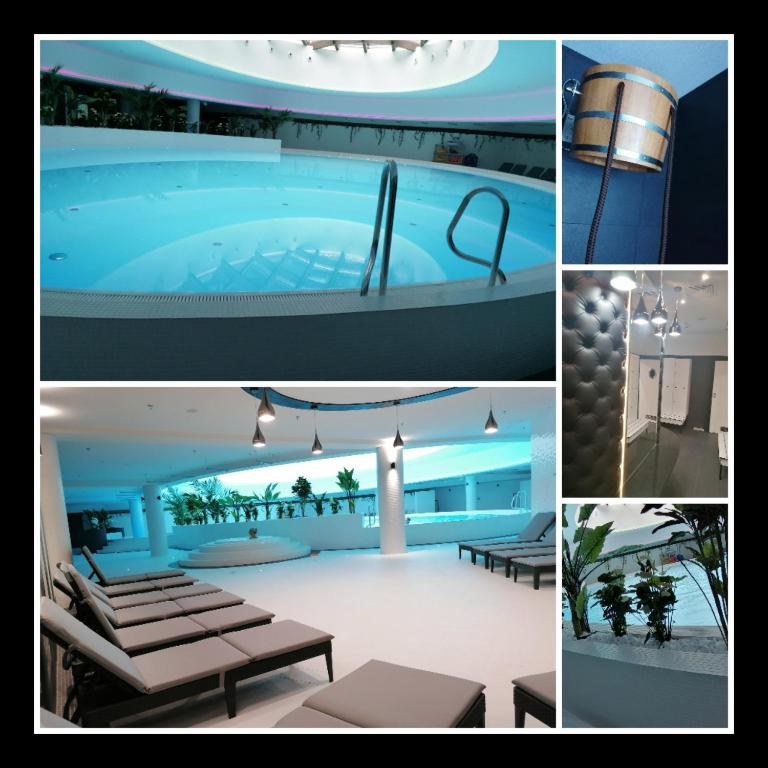 a collage of pictures of a swimming pool at Szczecin Hanza Tower APARTMENT-BASEN in Szczecin