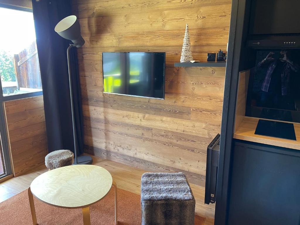 salon z telewizorem z płaskim ekranem na ścianie w obiekcie Avoriaz Malinka w mieście Avoriaz