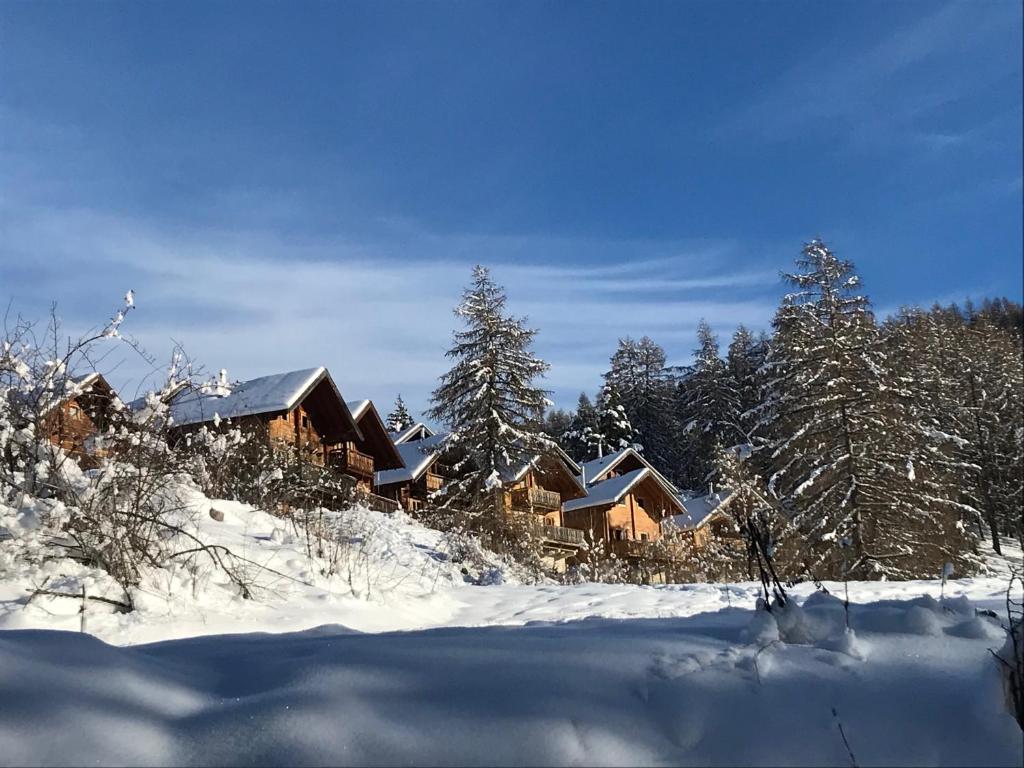 ラ・ジュー・デュ・ルーにあるChalet Hauts De La Lauzièreの雪に覆われた山荘の冬場