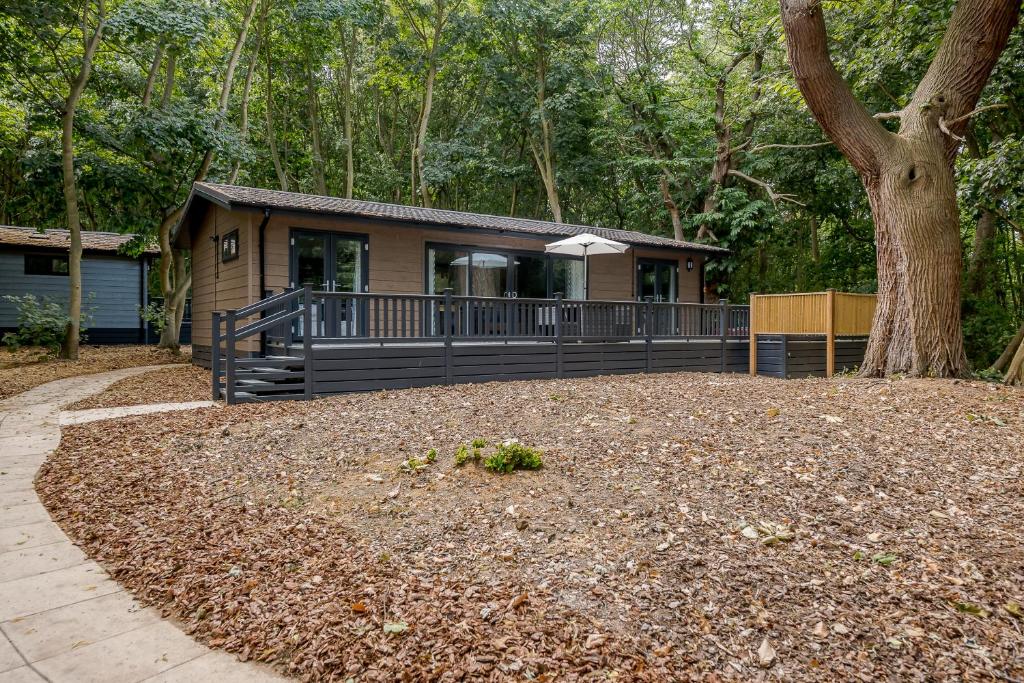 ein Haus mit einer großen Terrasse und einem Baum in der Unterkunft Woolverstone Marina and Lodge Park in Ipswich