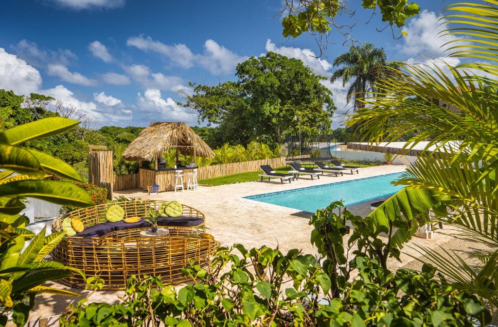 un complejo con una piscina con sillas y una piscina en El Encuentro Surf Lodge, en Cabarete