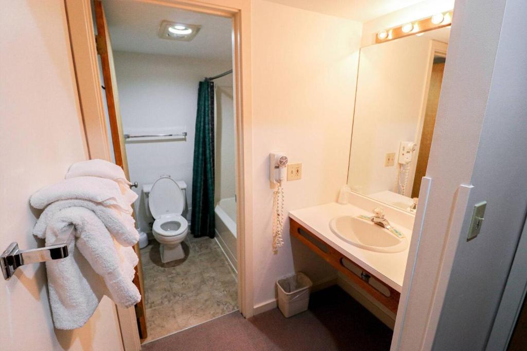 y baño con lavabo, aseo y espejo. en Cedarbrook Two Double bed Standard Hotel room 118, en Killington