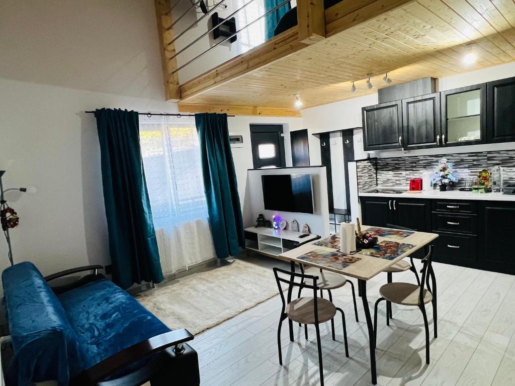 - un salon avec une table et un canapé bleu dans l'établissement Reny's Studio Apartments -Hiperbara, à Livezeni