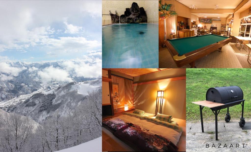 a collage of photos of a hotel with a pool table at TRAX NUNOBA - Vacation STAY 02612v in Yuzawa