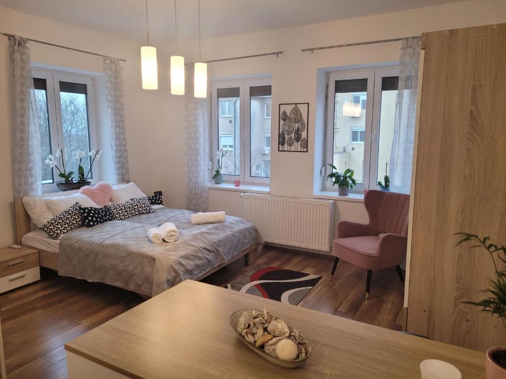 een woonkamer met een bed en een stoel bij Rosé Apartment in Pécs