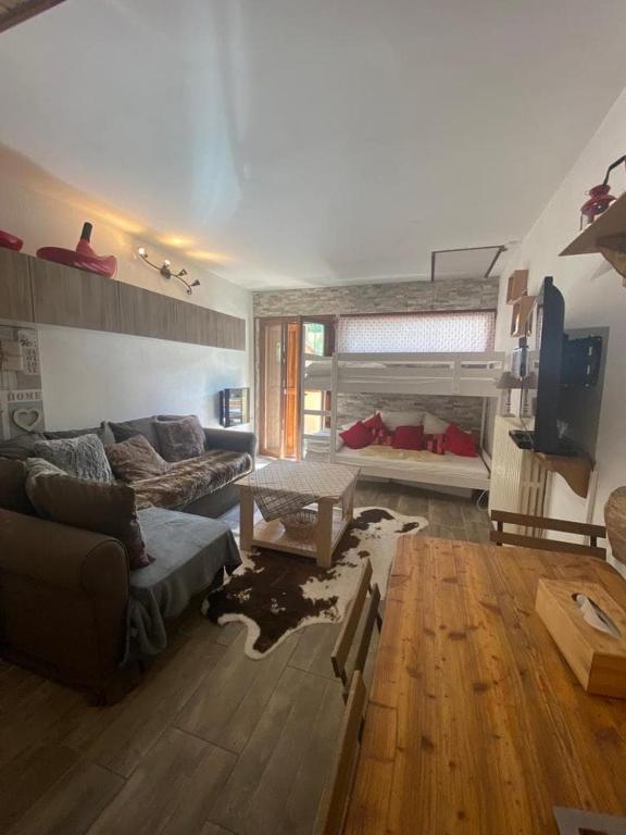 un salon avec un canapé et une table dans l'établissement Résidence le Schuss Studio Montagne en bas des pistes, à Vars