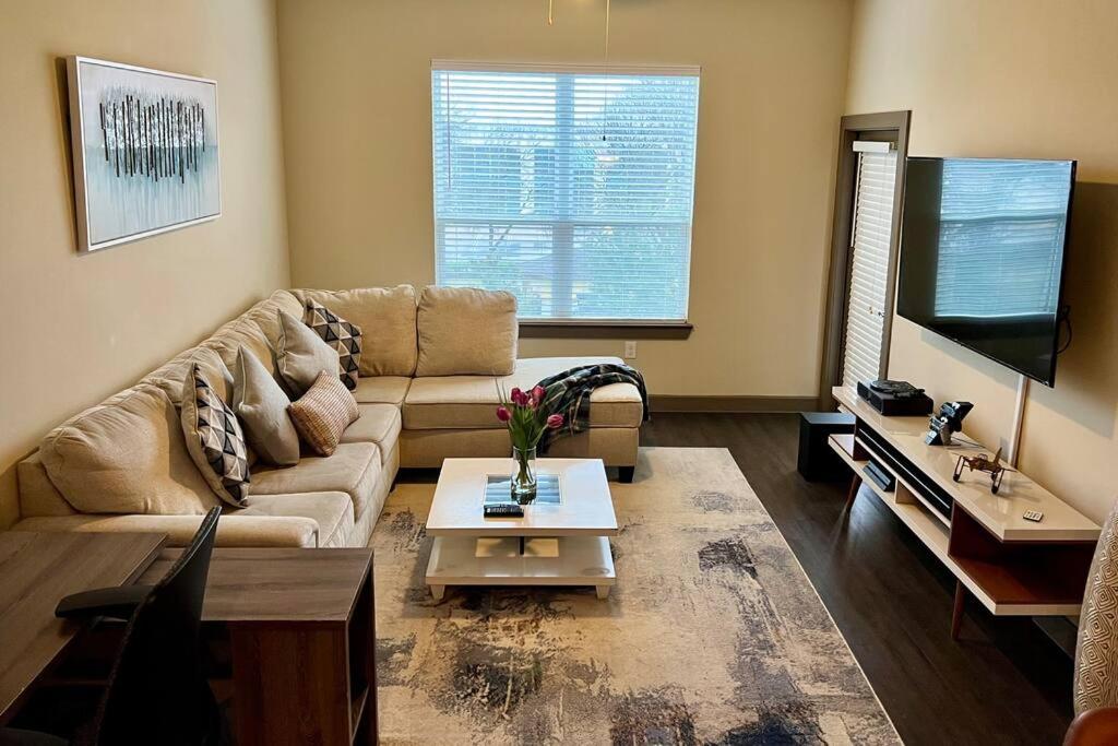 a living room with a couch and a tv at Luxury Suite in the heart of Dallas, a Home away from Home! in Richardson